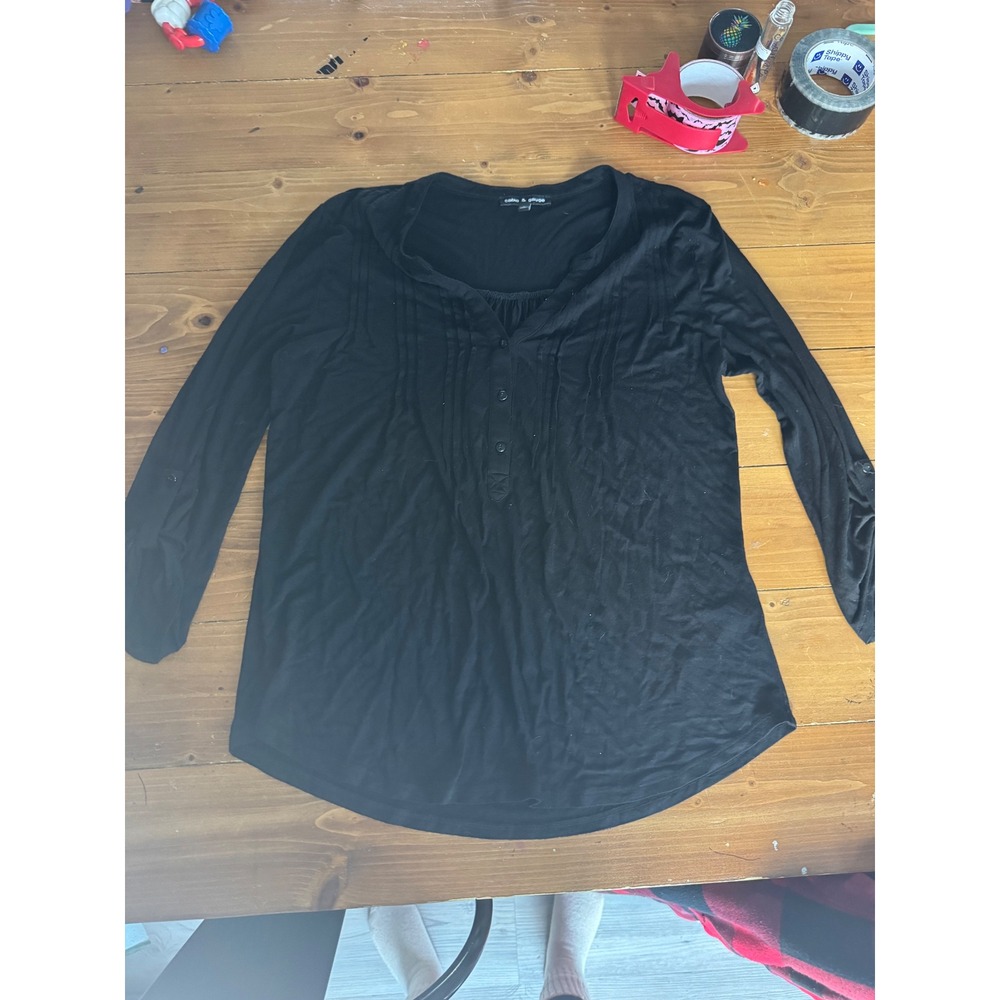 Cable & Gauge Black Long Sleeve Button Front Pintuck‎ Tunic Top Women's M